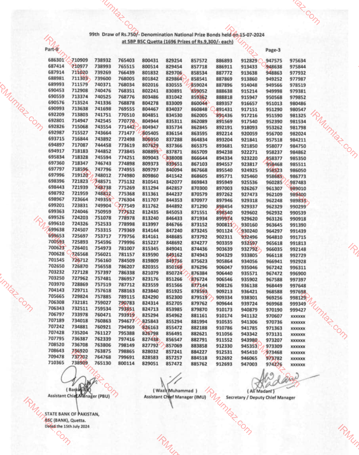 Prize Bond Draw July In Quetta City Prize Bond List